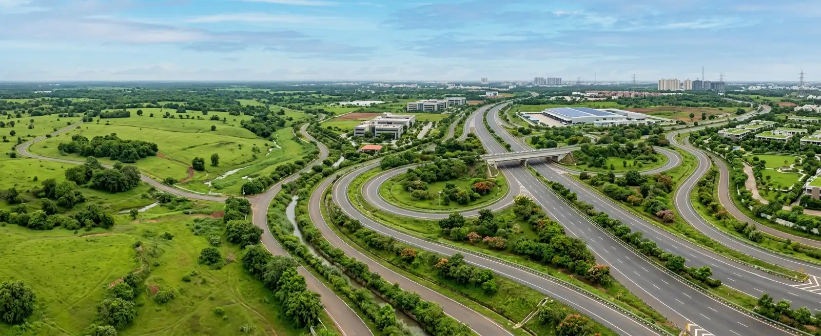 Illustrative highway infrastructure and surrounding landscape
