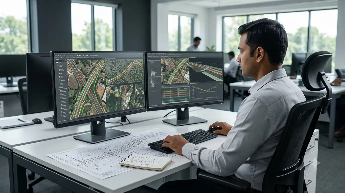 Infrastructure engineer reviewing GIS and highway planning information